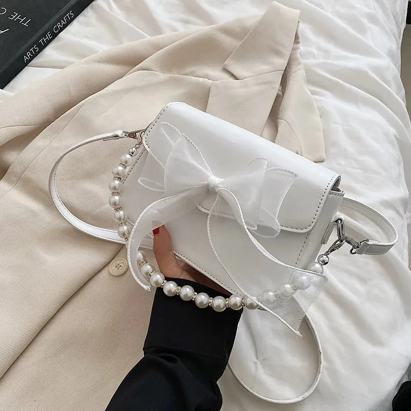 Sohiwoo Sweet Bow Lolita Bag Women Harajuku Pearl Chic Handle Leather White Messenger Bag Ladies Japanese Cute Handbag Aesthetic