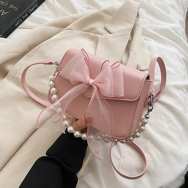 Sohiwoo Sweet Bow Lolita Bag Women Harajuku Pearl Chic Handle Leather White Messenger Bag Ladies Japanese Cute Handbag Aesthetic