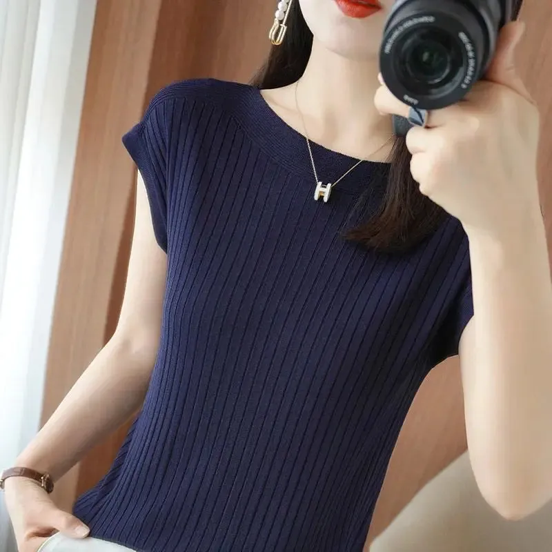 Solid Color T-Shirt Spring Summer Rib Knit Loose Short Sleeve Tops
