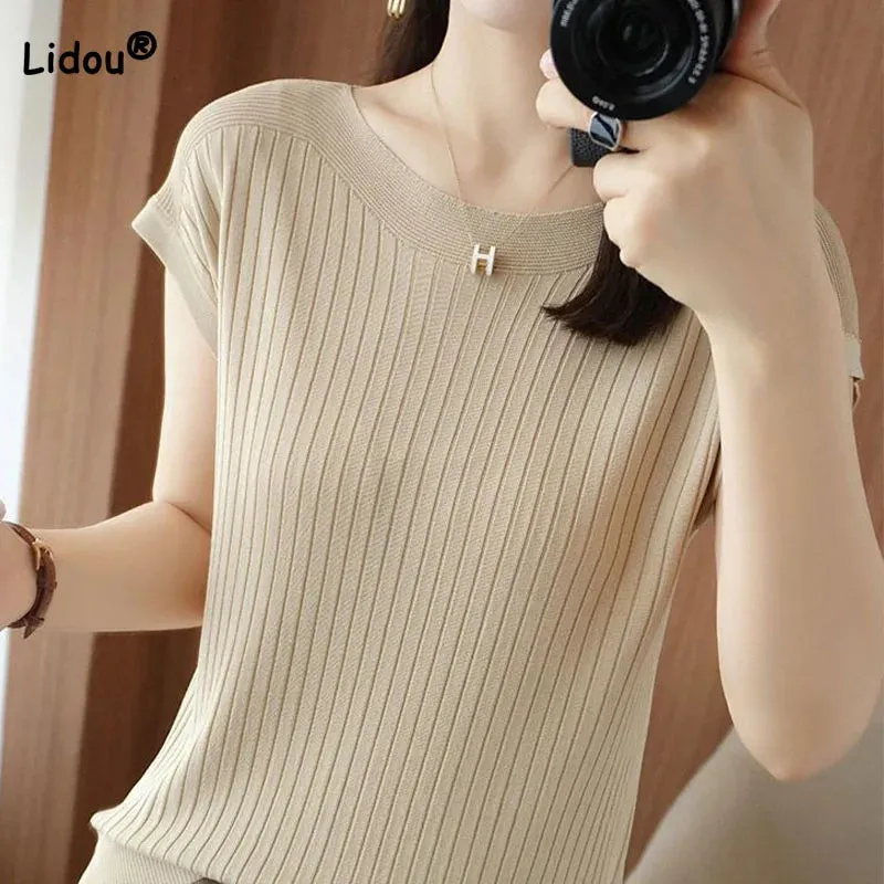 Solid Color T-Shirt Spring Summer Rib Knit Loose Short Sleeve Tops