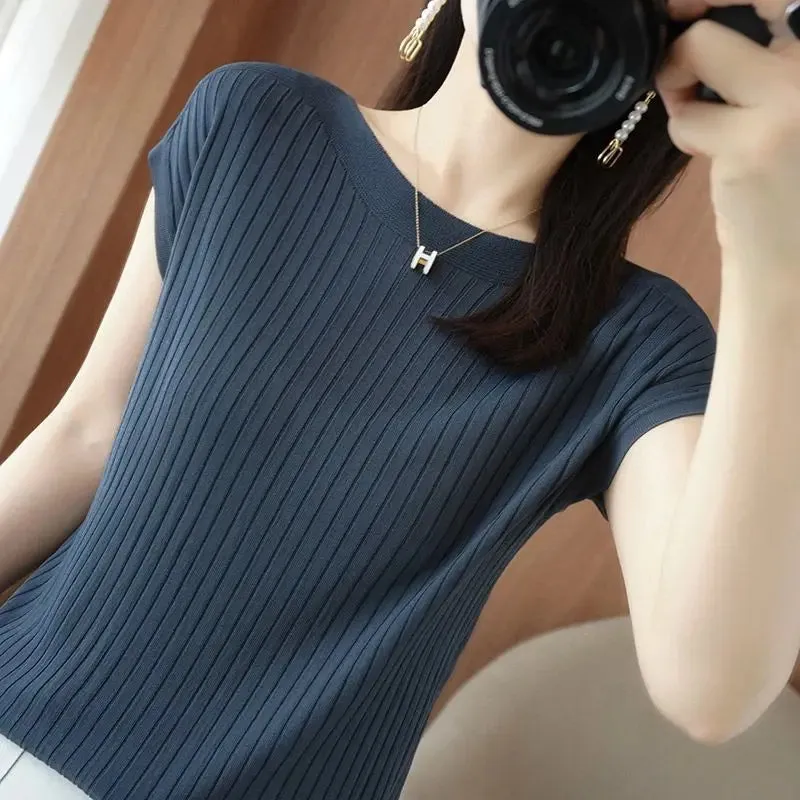 Solid Color T-Shirt Spring Summer Rib Knit Loose Short Sleeve Tops