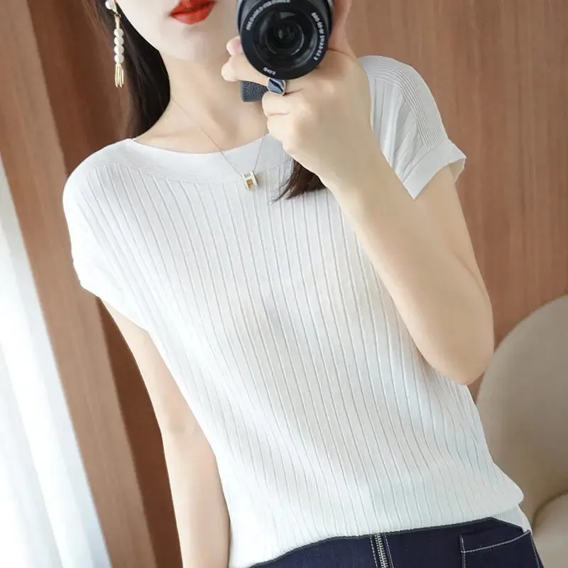 Solid Color T-Shirt Spring Summer Rib Knit Loose Short Sleeve Tops