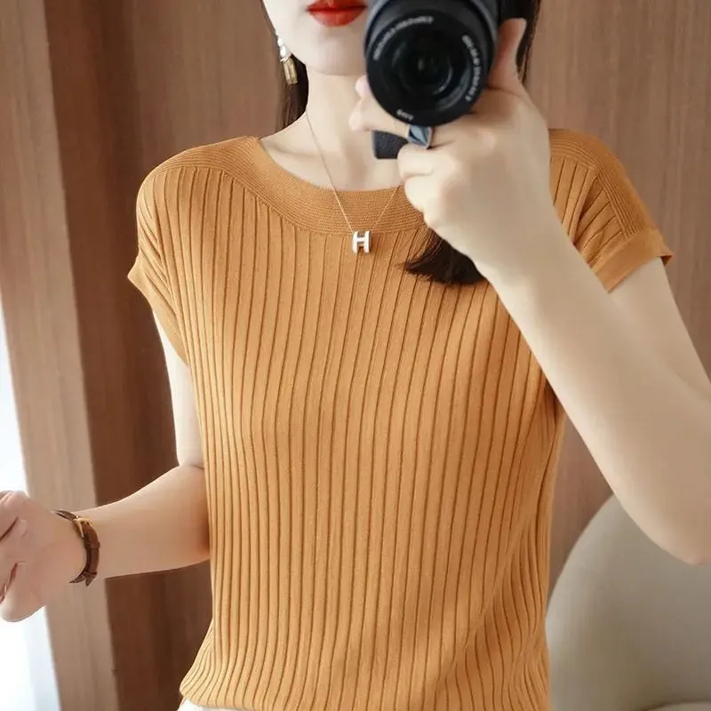 Solid Color T-Shirt Spring Summer Rib Knit Loose Short Sleeve Tops