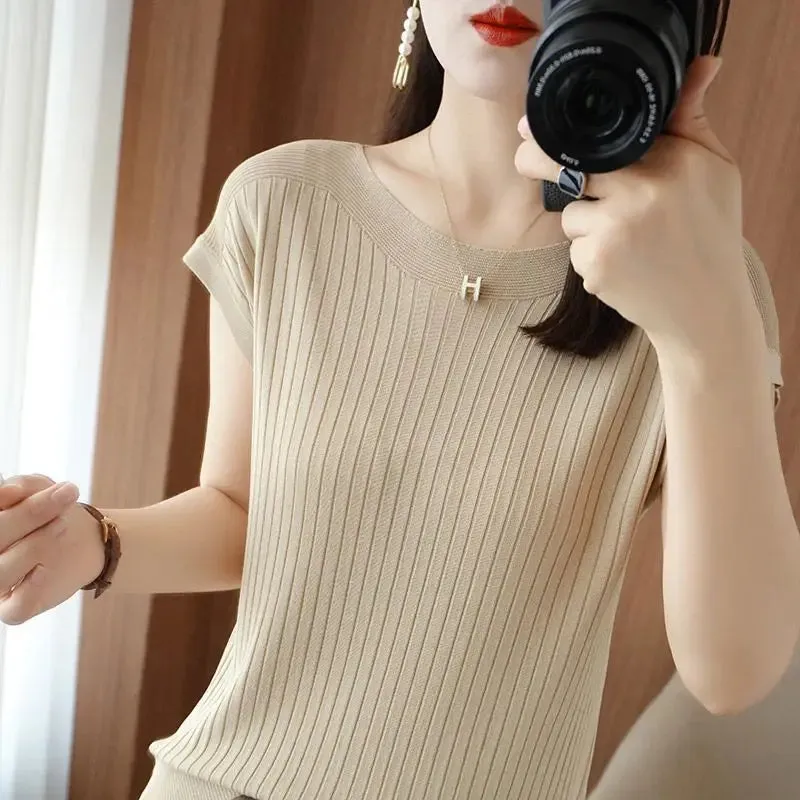 Solid Color T-Shirt Spring Summer Rib Knit Loose Short Sleeve Tops