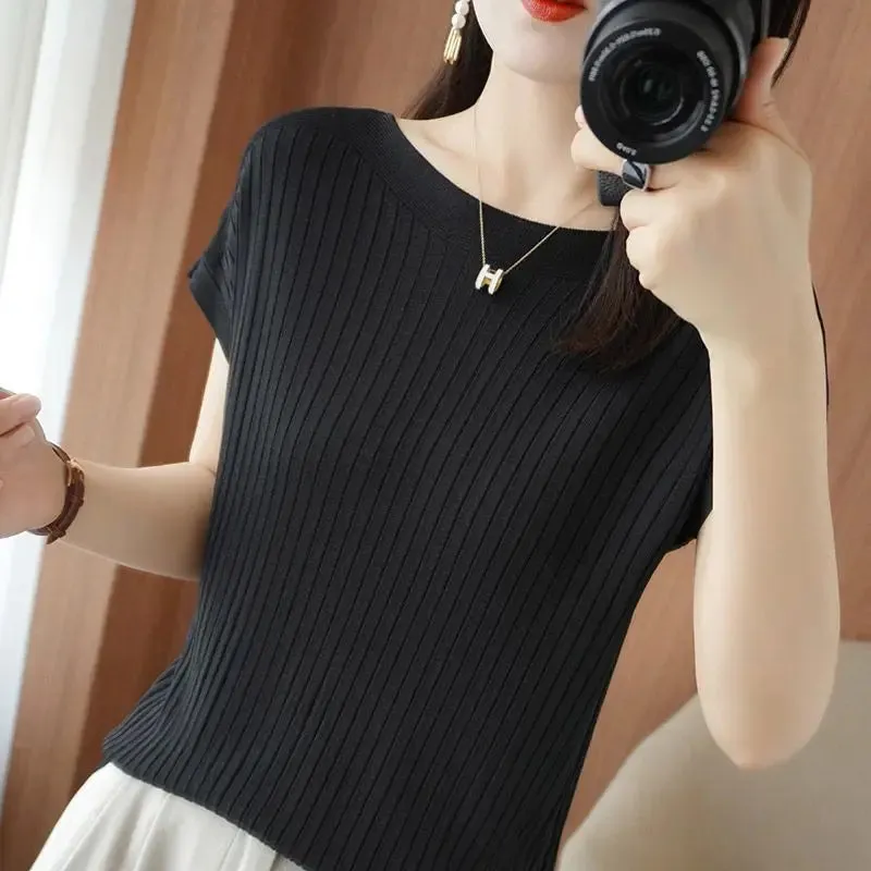 Solid Color T-Shirt Spring Summer Rib Knit Loose Short Sleeve Tops