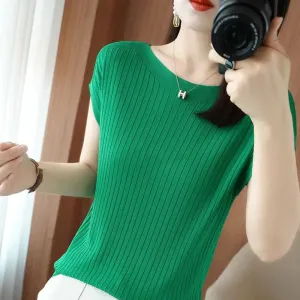Solid Color T-Shirt Spring Summer Rib Knit Loose Short Sleeve Tops
