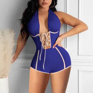Solid Halter Lace Up Sleeveless Romper