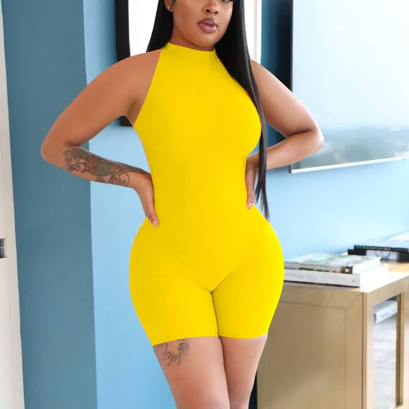 Solid Turtleneck Sleeveless Romper