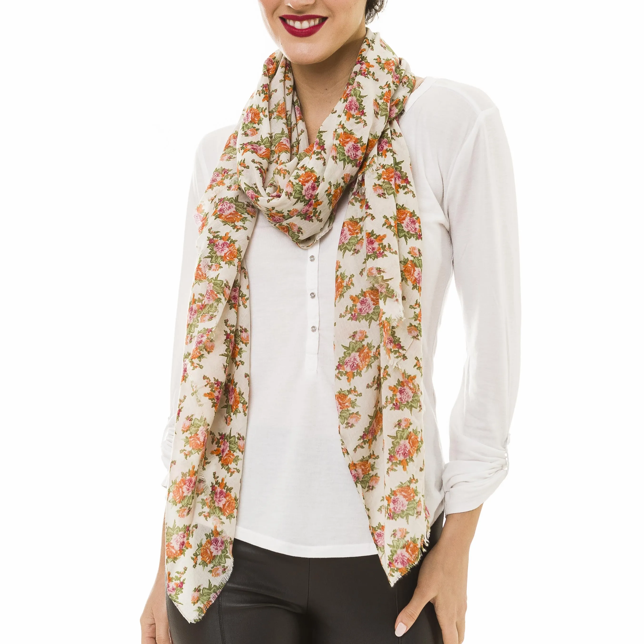 Spanish Design Printed Viscose Scarf (Beige Orange Flower)