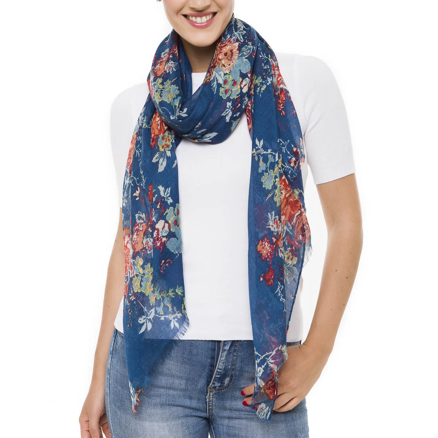 Spanish Design Printed Viscose Scarf (Navy Flower)