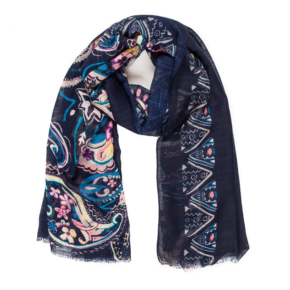 Spanish Design Printed Viscose Scarf (Navy Pattern)