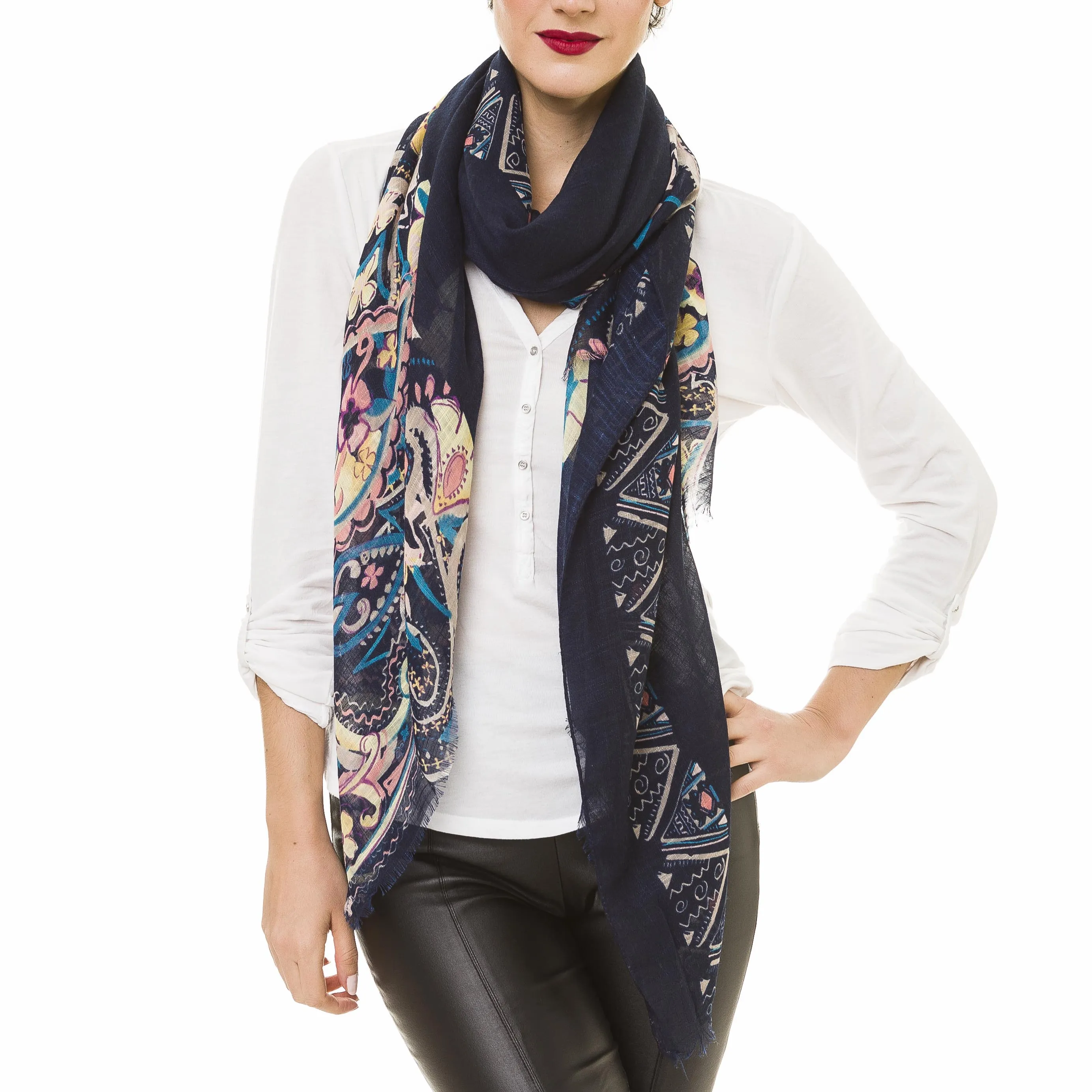 Spanish Design Printed Viscose Scarf (Navy Pattern)