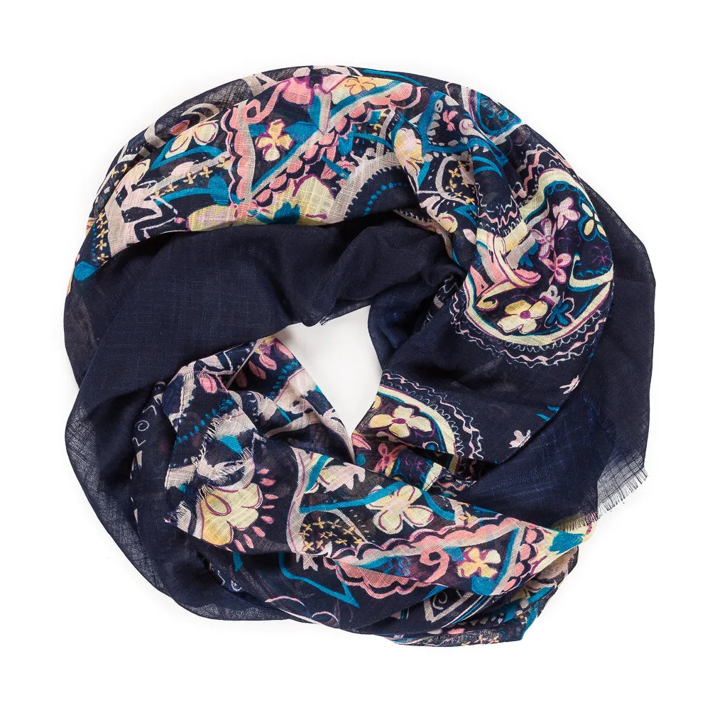 Spanish Design Printed Viscose Scarf (Navy Pattern)