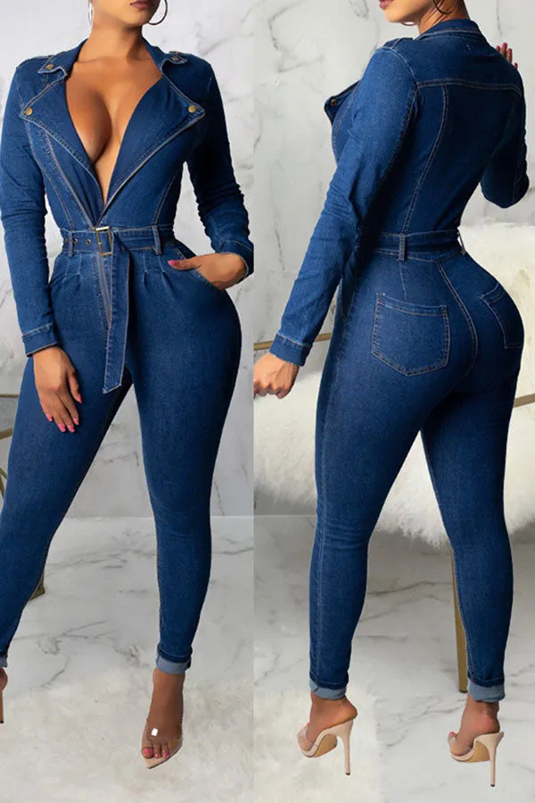 storexq Blue Boyish Belted Denim Jumpsuit