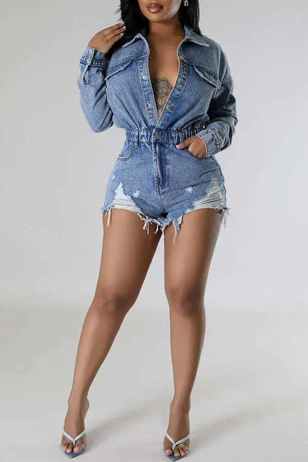 storexq Blue Ripped Casual Washed Denim Romper
