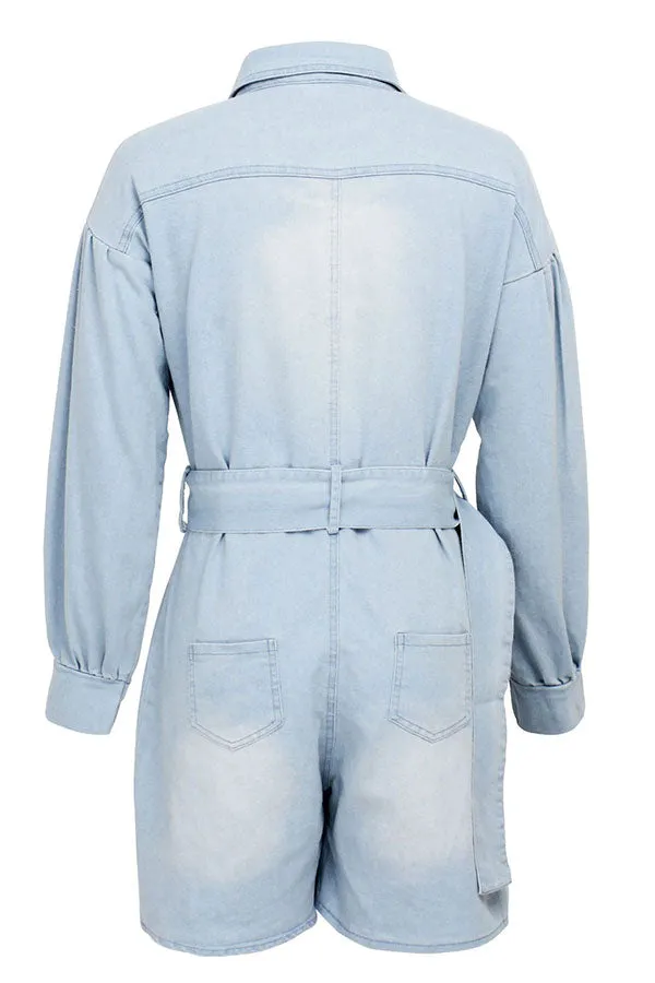 storexq Denim Cool Single Breasted Romper (With Belt)