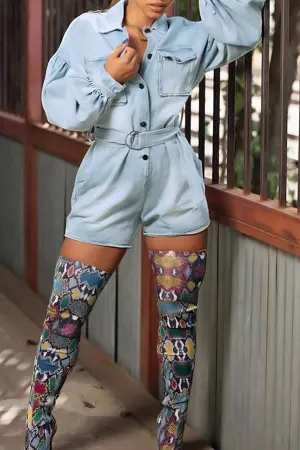 storexq Denim Cool Single Breasted Romper (With Belt)
