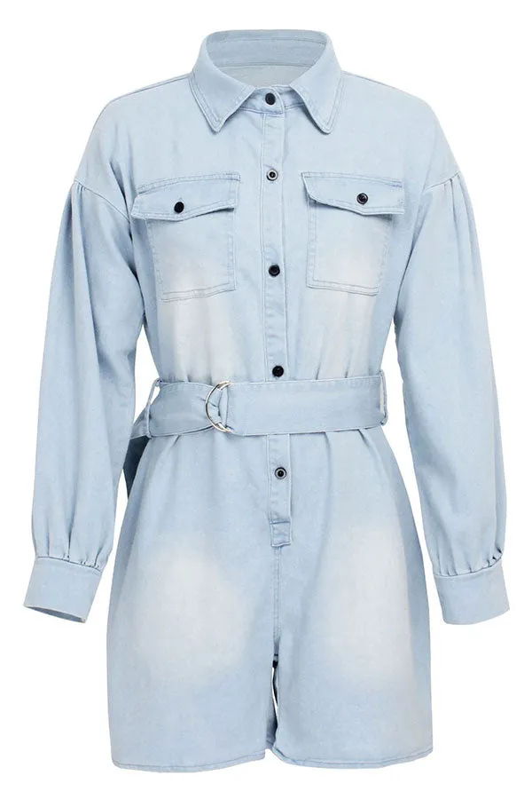 storexq Denim Cool Single Breasted Romper (With Belt)