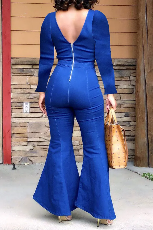 storexq Denim Wrap Cutout Feminine Bell Bottoms Jumpsuit