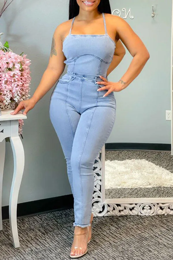 storexq Light Blue Pretty Backless Jumpsuit