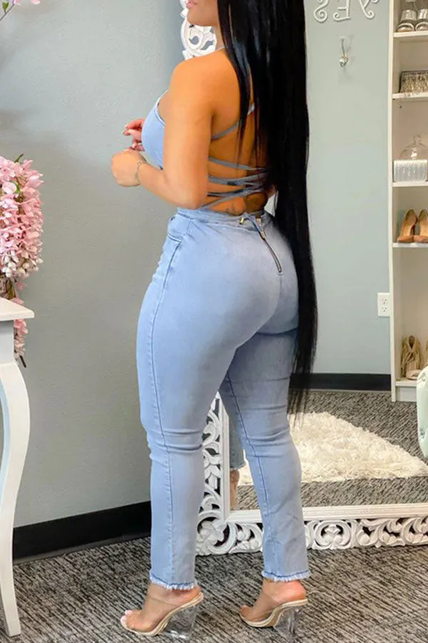 storexq Light Blue Pretty Backless Jumpsuit
