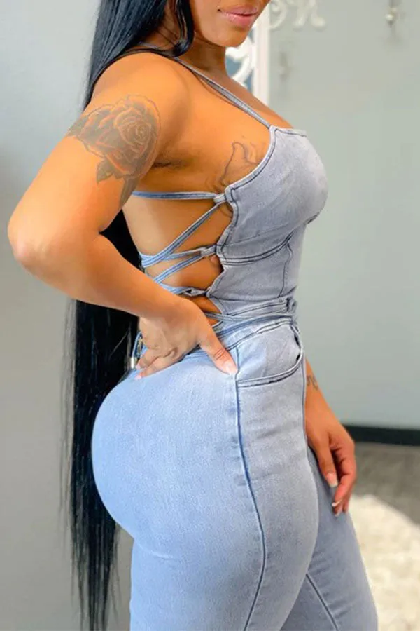 storexq Light Blue Pretty Backless Jumpsuit