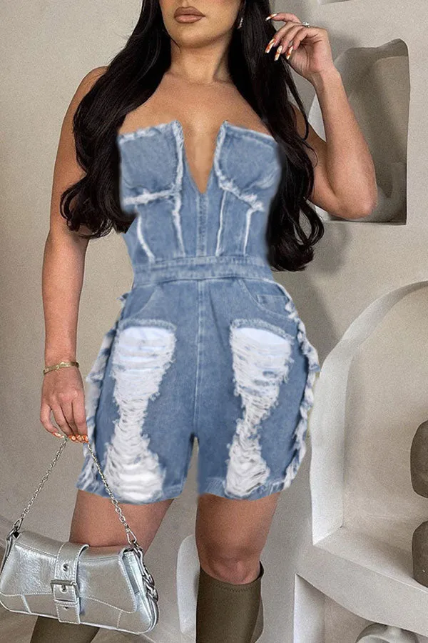 storexq Ripped Burrs Stylish Denim Romper
