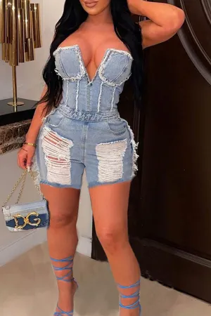 storexq Ripped Burrs Stylish Denim Romper