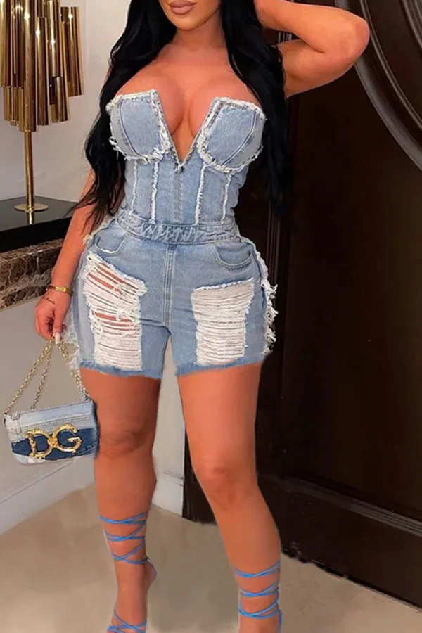 storexq Ripped Burrs Stylish Denim Romper