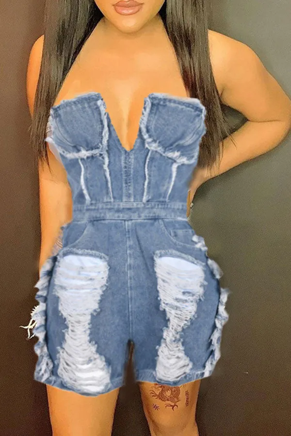 storexq Ripped Burrs Stylish Denim Romper