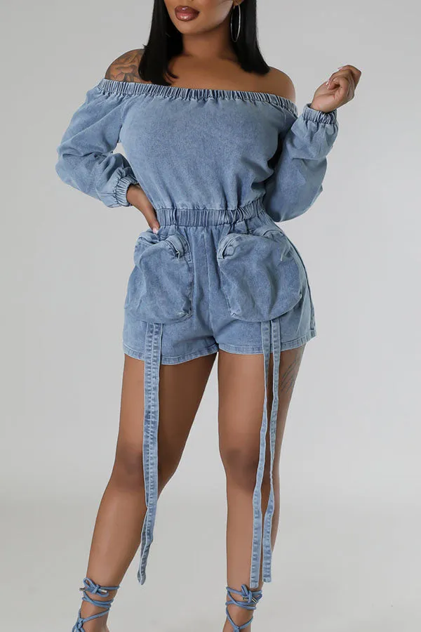 storexq Solid Color Washed Denim Cozy Pocket Romper
