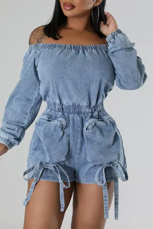 storexq Solid Color Washed Denim Cozy Pocket Romper