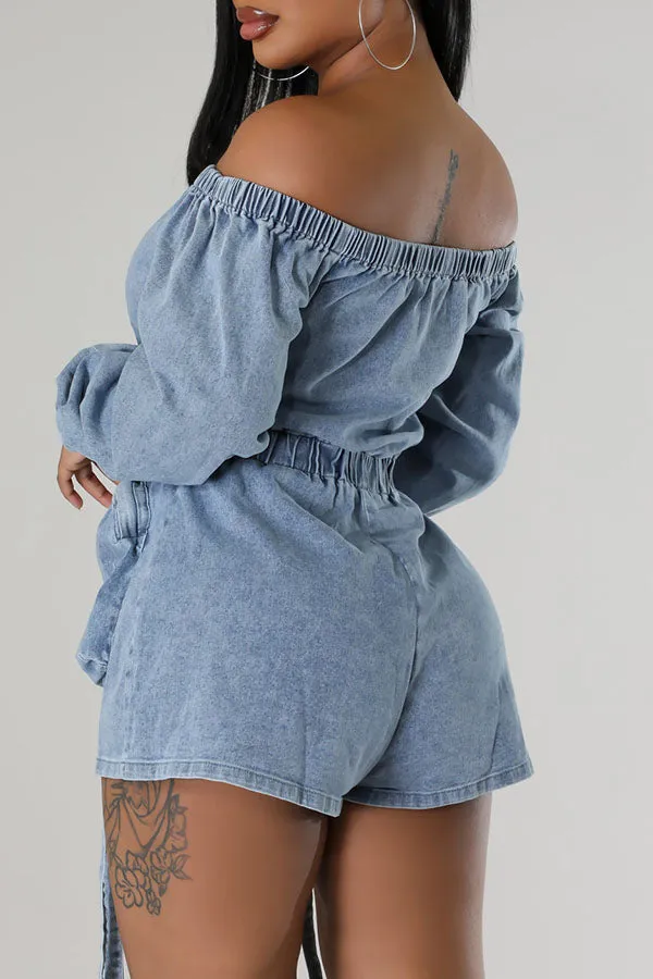 storexq Solid Color Washed Denim Cozy Pocket Romper