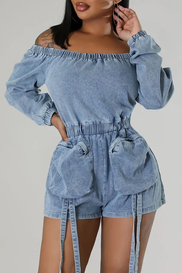 storexq Solid Color Washed Denim Cozy Pocket Romper