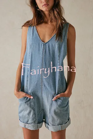 Stylish Loose Sleeveless Pocket Straps Adjustable Denim Rompers
