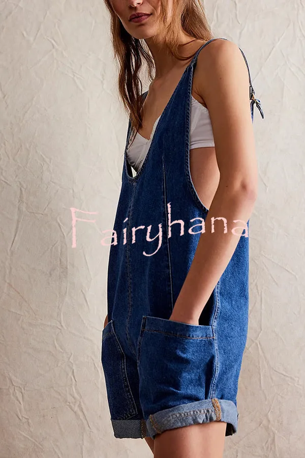 Stylish Loose Sleeveless Pocket Straps Adjustable Denim Rompers