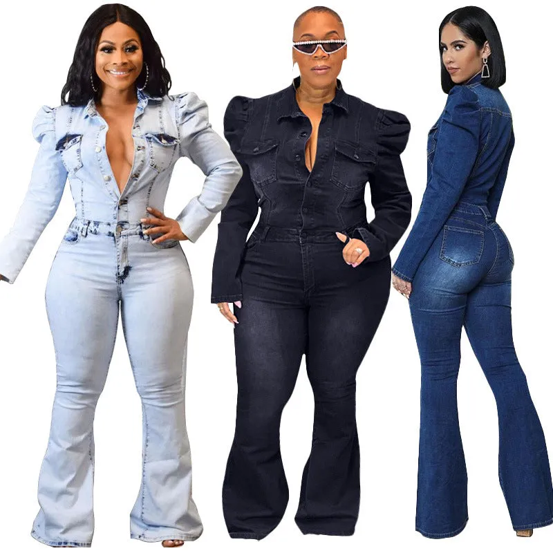 Stylish Women's Button Zipper Denim Flares Set Tops Pants Suit Jeans