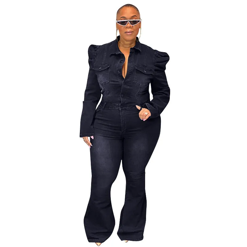 Stylish Women's Button Zipper Denim Flares Set Tops Pants Suit Jeans