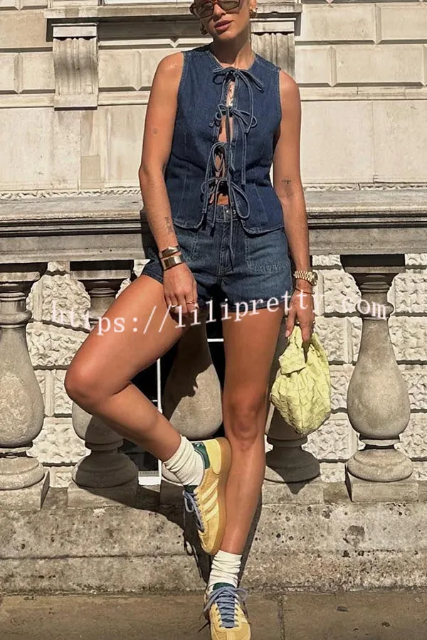Sunshine Girlies Denim Princess Seams Bow Tie Front Vest Top
