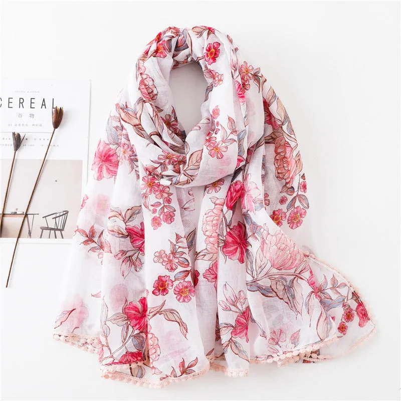 Tassel Printed Leaf Flowers Flamingo Scarf Ethnic Shawl for Women Ladies Girls
