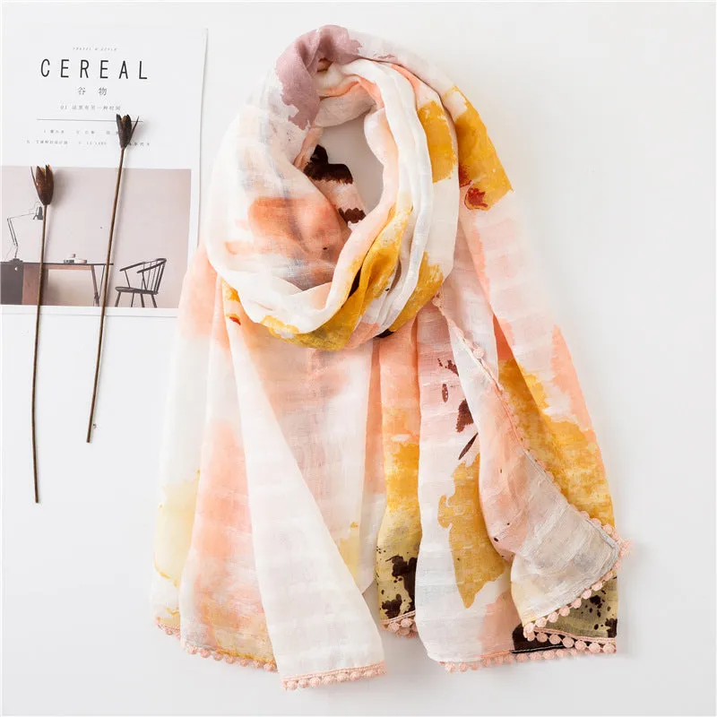 Tassel Printed Leaf Flowers Flamingo Scarf Ethnic Shawl for Women Ladies Girls