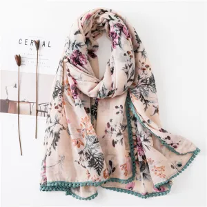Tassel Printed Leaf Flowers Flamingo Scarf Ethnic Shawl for Women Ladies Girls