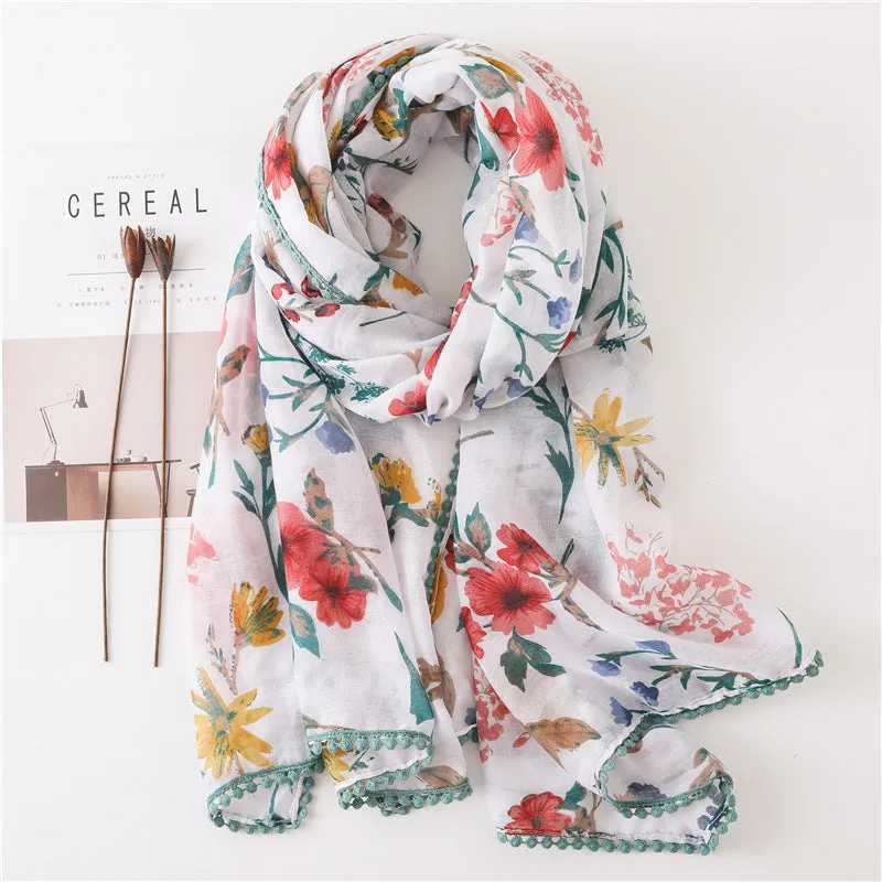 Tassel Printed Leaf Flowers Flamingo Scarf Ethnic Shawl for Women Ladies Girls