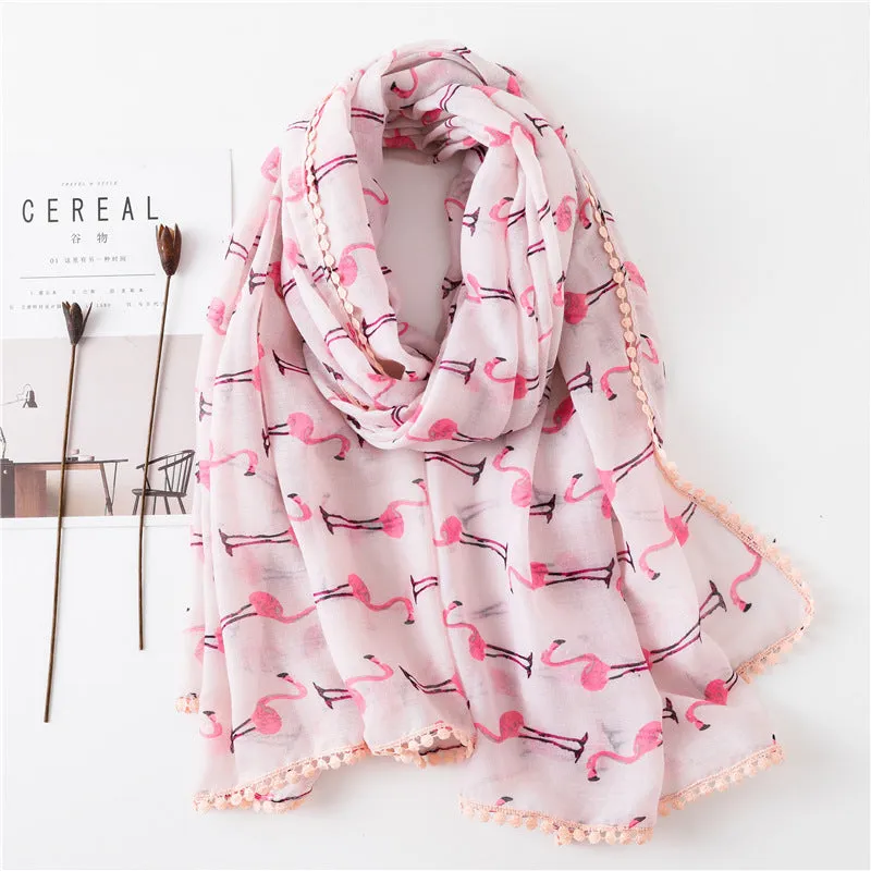 Tassel Printed Leaf Flowers Flamingo Scarf Ethnic Shawl for Women Ladies Girls