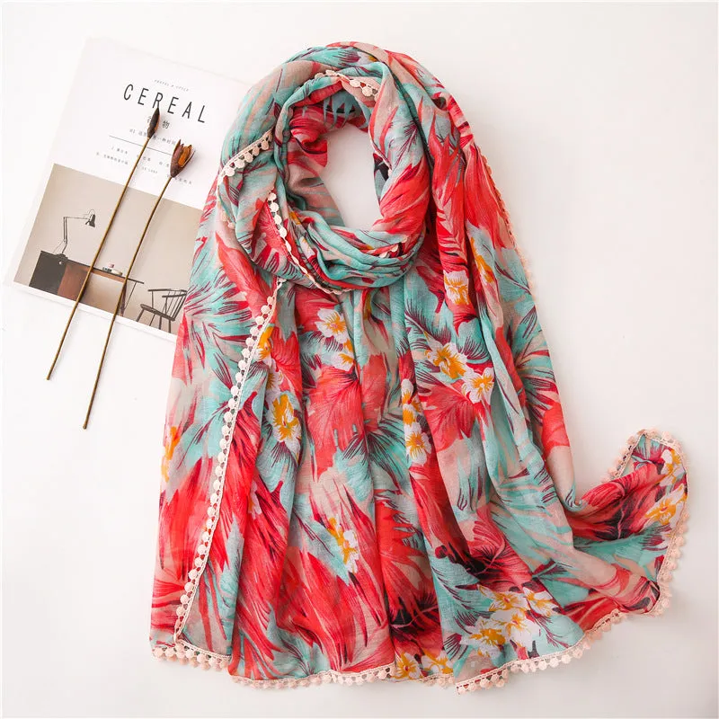 Tassel Printed Leaf Flowers Flamingo Scarf Ethnic Shawl for Women Ladies Girls