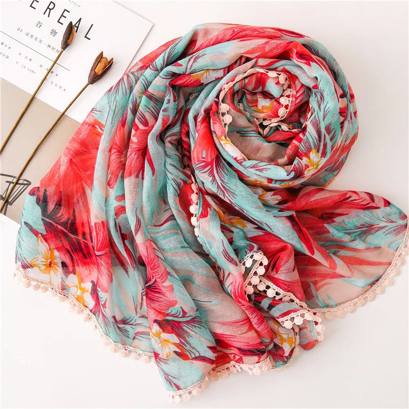 Tassel Printed Leaf Flowers Flamingo Scarf Ethnic Shawl for Women Ladies Girls
