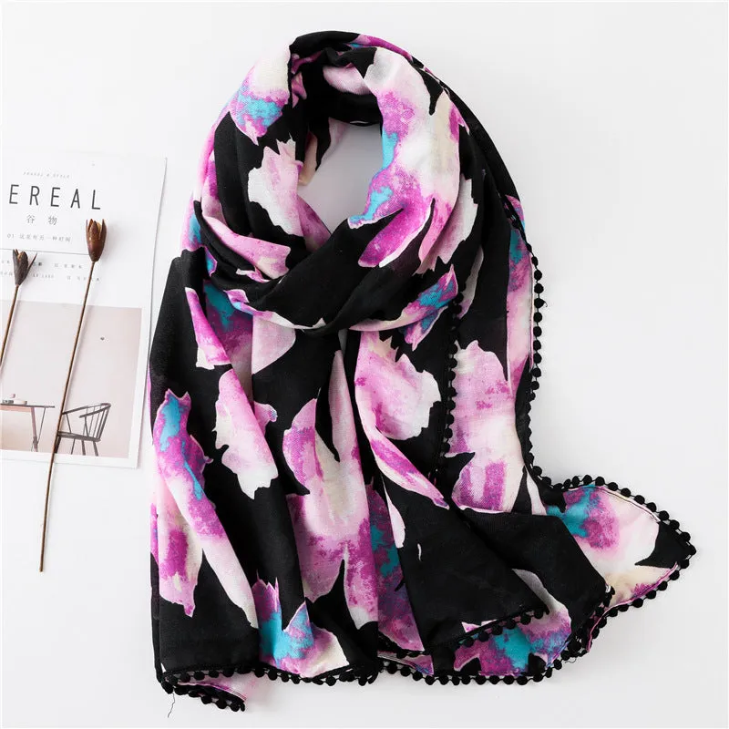 Tassel Printed Leaf Flowers Flamingo Scarf Ethnic Shawl for Women Ladies Girls