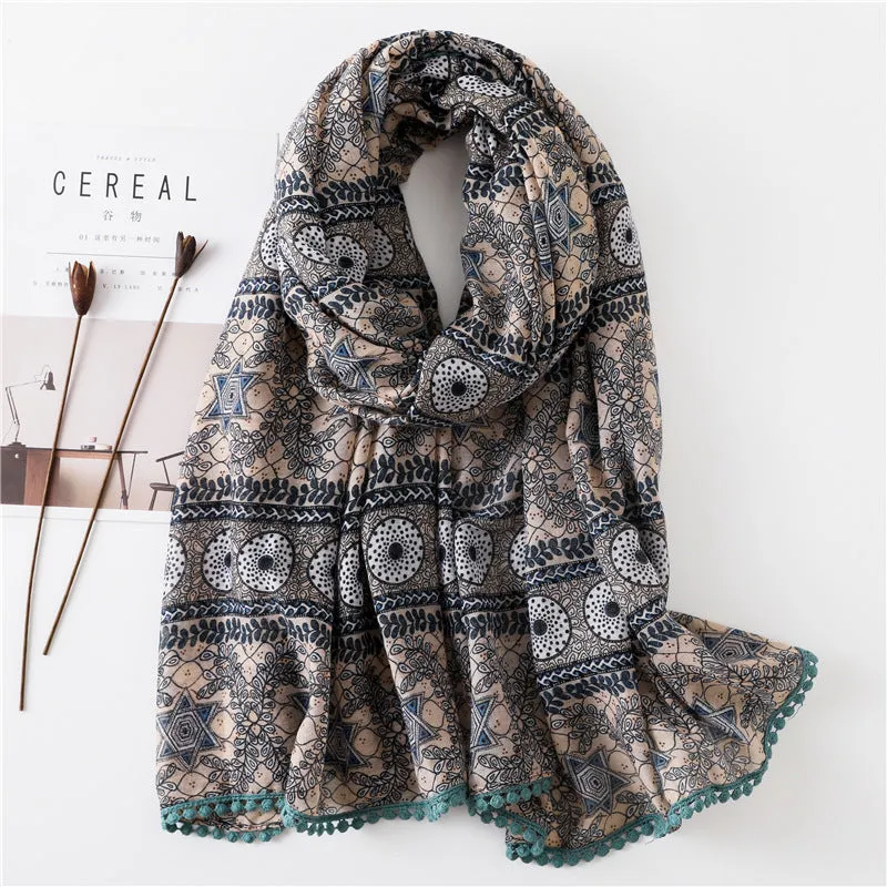 Tassel Printed Leaf Flowers Flamingo Scarf Ethnic Shawl for Women Ladies Girls