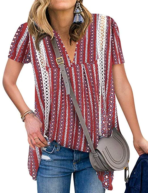 V Neck Hollow Out Floral Print Shirt Tops Long Blouse Tee