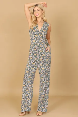 V-NECK SLEEVLESS FLORAL JUMPSUIT